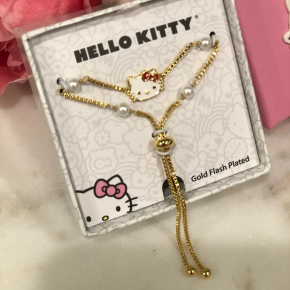 Hello Kitty Sanrio Yellow Gold Flash Plated Lariat Bracelet Imitation Pearls - Picture 7 of 8